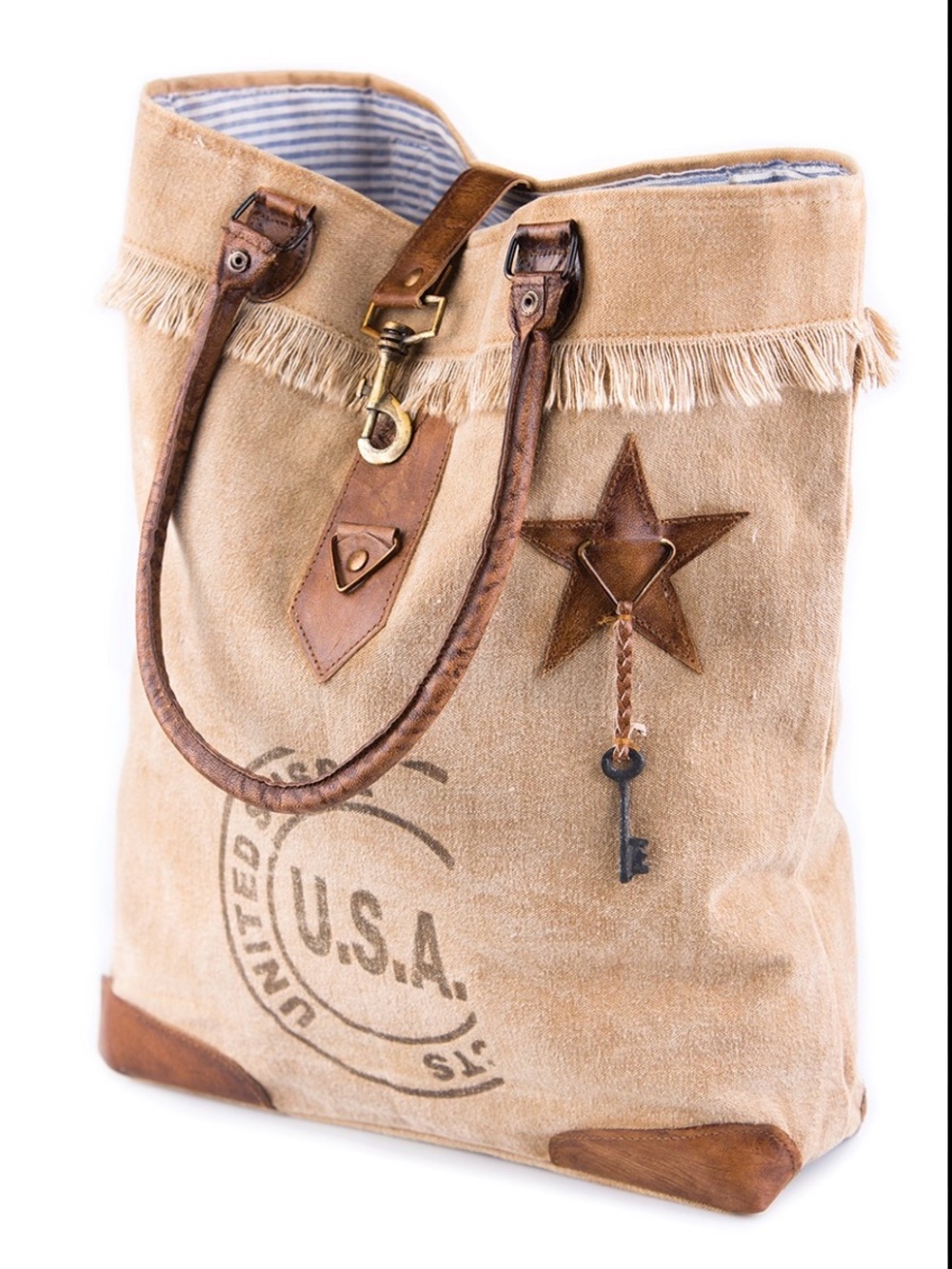 Mona B Tan Canvas Fringe Tote with Leather Edging & Star w/Key Charm